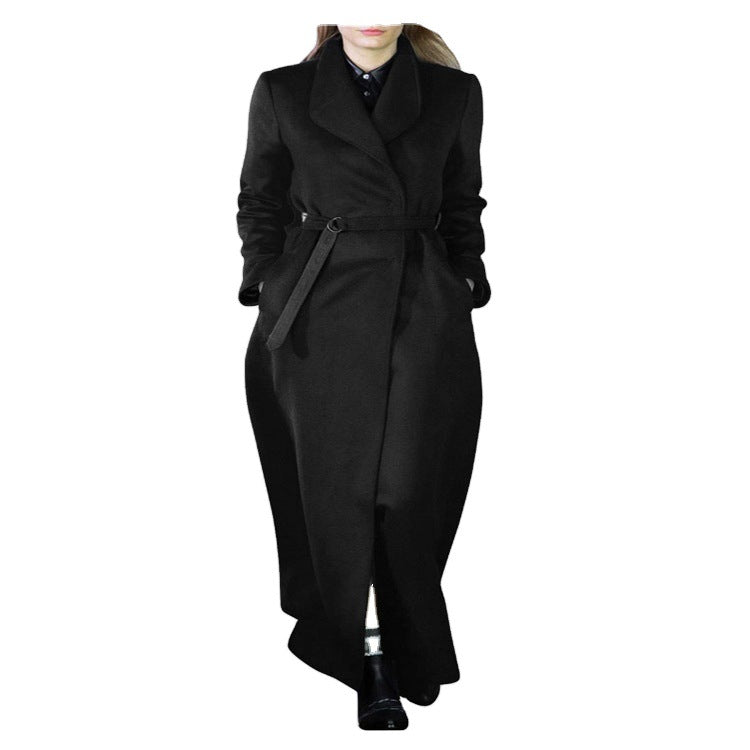 Damen Maxilanger taillierter Wickel-Longcoat mit Schalkragen und feinem Bindegürtel Echoarchiv