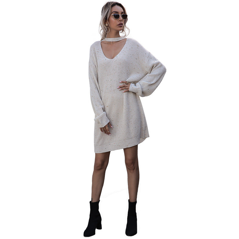 Damen Bequeme Strickkleid mit V-Ausschnitt und Choker Echo Archiv
