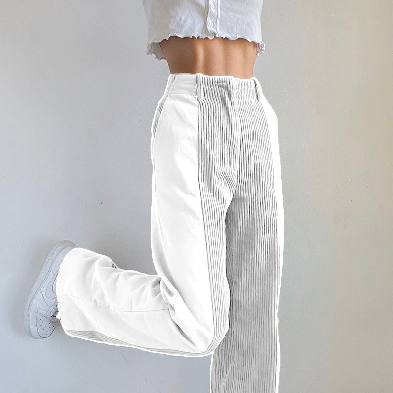 Damen Hochtaillierte Wide‑Leg Hose mit Kontrast‑Cordfrontpanel und geradem Bein Echoarchiv