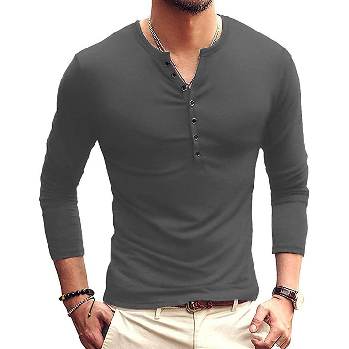 Herren Langarm-Henley-T-Shirt mit modischen Knöpfen Echoarchiv