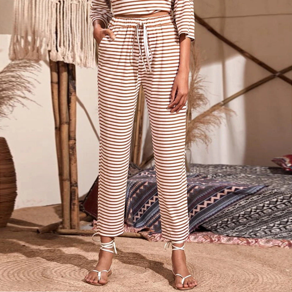 Damen Jersey-Loungehose mit elastischem Bund Tunnelzug Eingrifftaschen geradem Bein – Avélisse