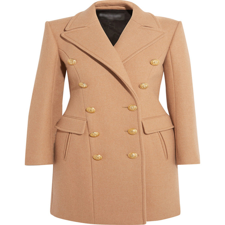 Damen Wollmix‑Longcoat im Marine‑Tailoring mit konturierter Taillierung und goldenen Zierrundknöpfen Echoarchiv