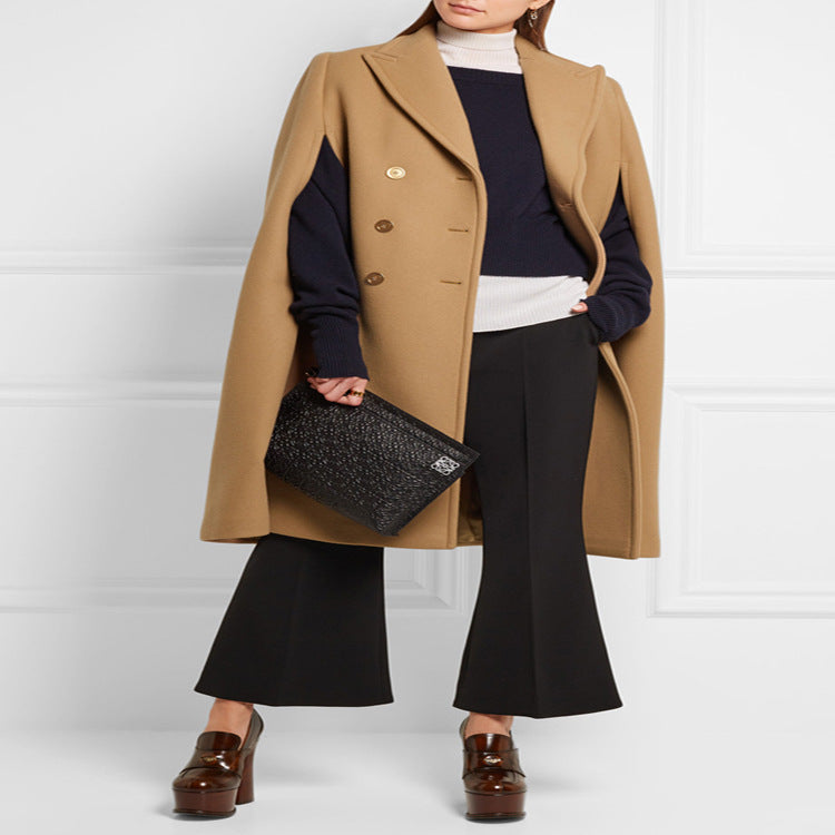 Damen taillierter Wollmix-Cape-Mantel mit verdeckten Armöffnungen und Zweireiher-Tailoring Echoarchiv
