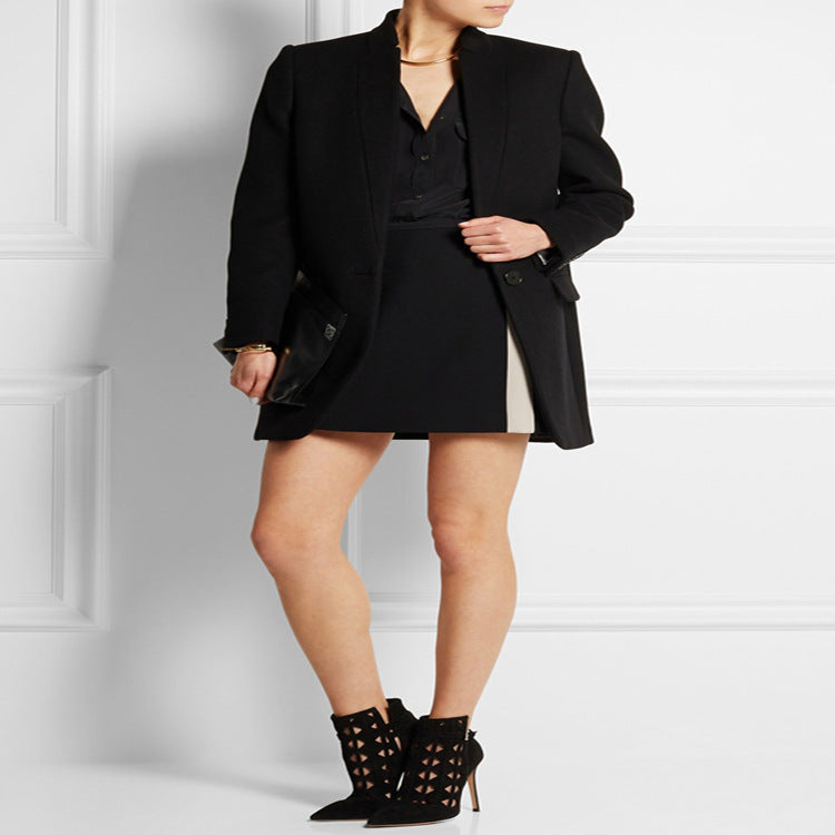 Damen Midilanger strukturiertes Longblazer‑Mantel mit schmalem Stehkragen und Pattentaschen Echoarchiv