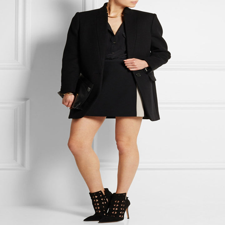 Damen Midilanger strukturiertes Longblazer‑Mantel mit schmalem Stehkragen und Pattentaschen Echoarchiv