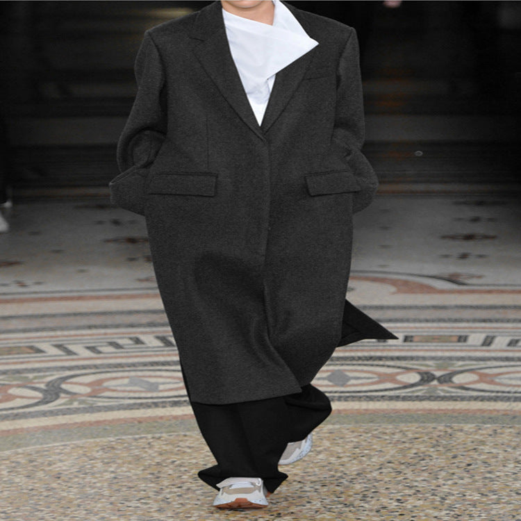 Damen Oversize Einreihiger Maxilanger Wollmix-Longcoat mit relaxter Schulter und Pattentaschen Echoarchiv