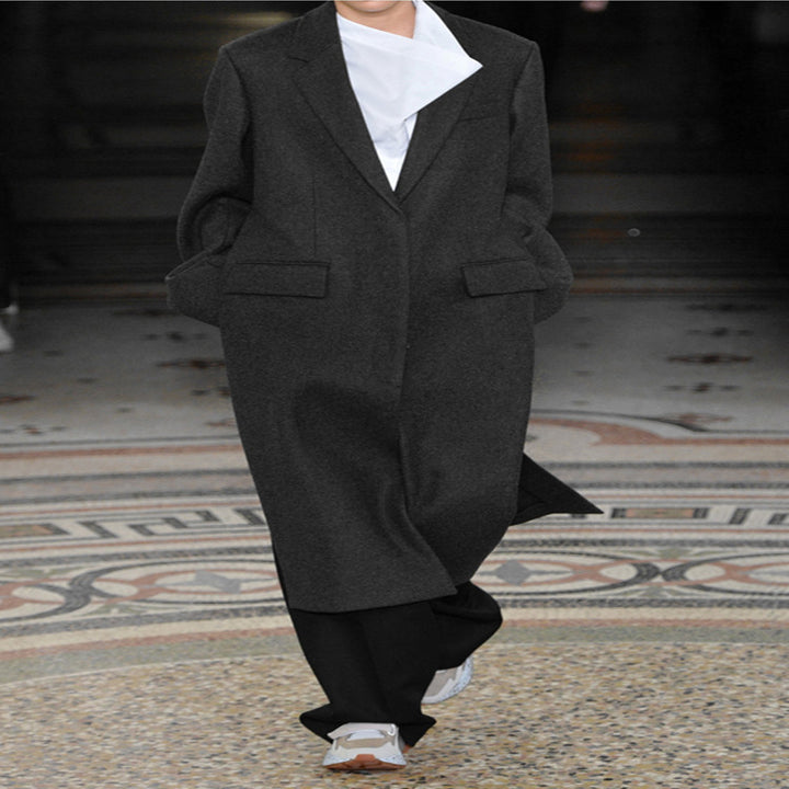 Damen Oversize Einreihiger Maxilanger Wollmix-Longcoat mit relaxter Schulter und Pattentaschen Echoarchiv