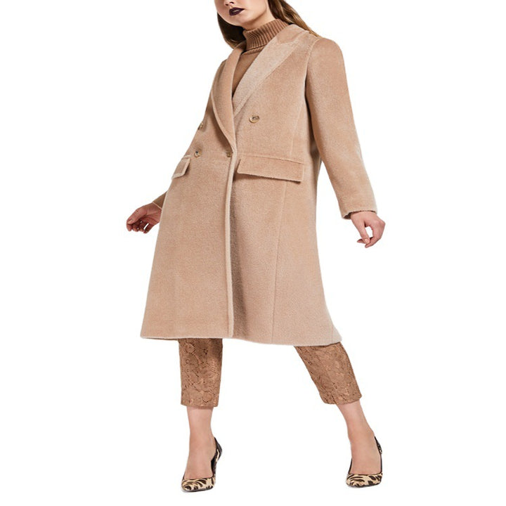 Damen Midilanger Teddy‑Wollmix‑Mantel mit Doppelreihe, Pattentaschen und weichfallendem Revers Echoarchiv