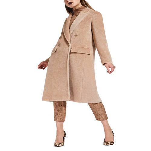 Damen Midilanger Teddy‑Wollmix‑Mantel mit Doppelreihe, Pattentaschen und weichfallendem Revers Echoarchiv