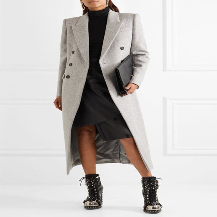 Damen Doppelreihiger Taillierter Wollmix‑Longcoat im schlanken Tailoring‑Stil Echoarchiv