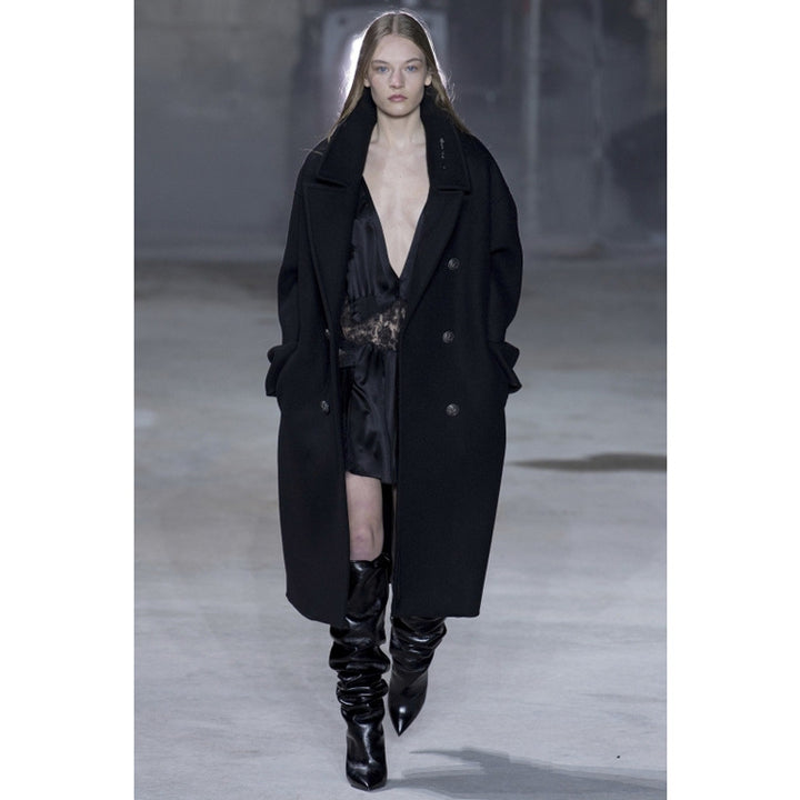 Damen Oversize Zweireihiger Longcoat mit weitem Schalkragen und relaxed Tailoring Echoarchiv