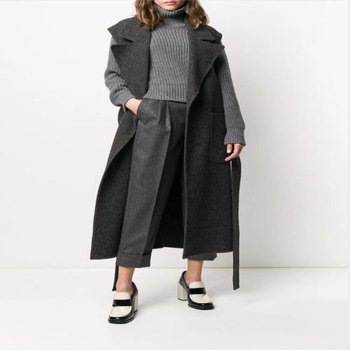 Damen Maxilanger ärmelloser Wollmix-Mantel mit weitem Schalkragen und Bindegürtel Echoarchiv