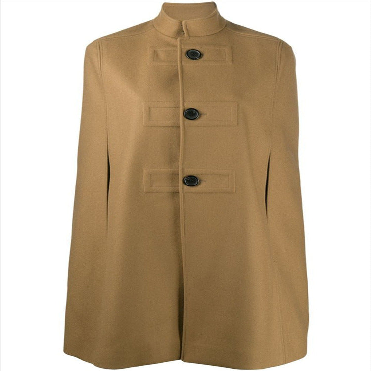 Damen Wollmix‑Cape mit Stehkragen, verdeckten Armöffnungen und puristischem Tailoring Echoarchiv