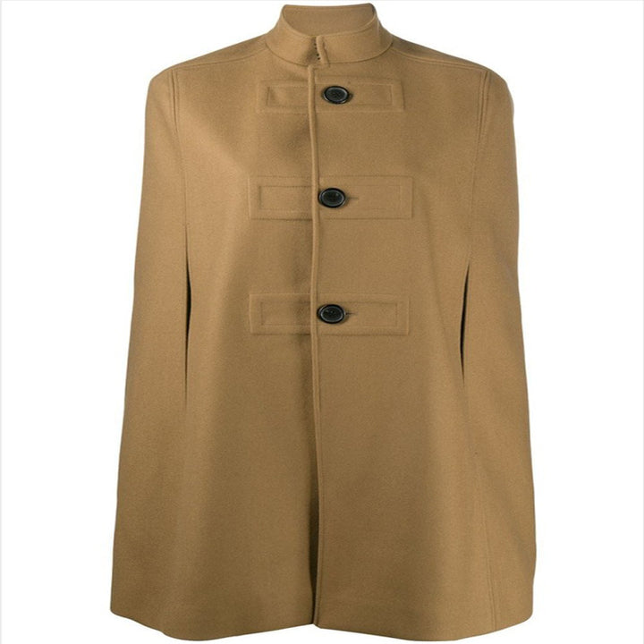 Damen Wollmix‑Cape mit Stehkragen, verdeckten Armöffnungen und puristischem Tailoring Echoarchiv