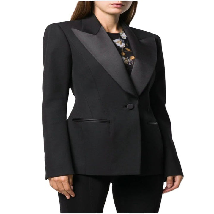Damen Tailliertes Smoking-Blazerjackett mit Satin-Schalkragen und präzisem Tailoring Echoarchiv