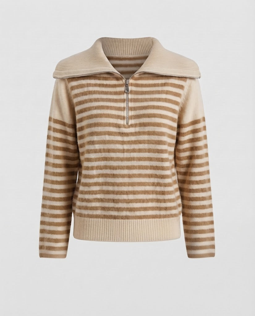 Damen Gestreifter Kurzpullover aus flauschigem Mohair‑Look mit halbem Reißverschluss und überlappendem Kragen Echoarchiv