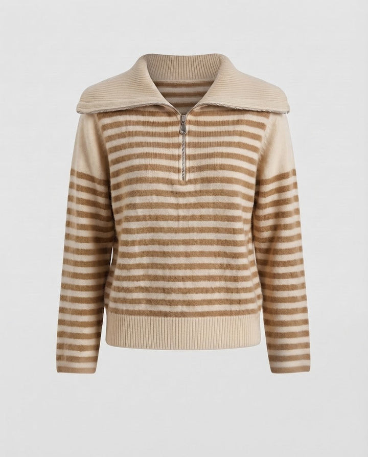 Damen Gestreifter Kurzpullover aus flauschigem Mohair‑Look mit halbem Reißverschluss und überlappendem Kragen Echoarchiv