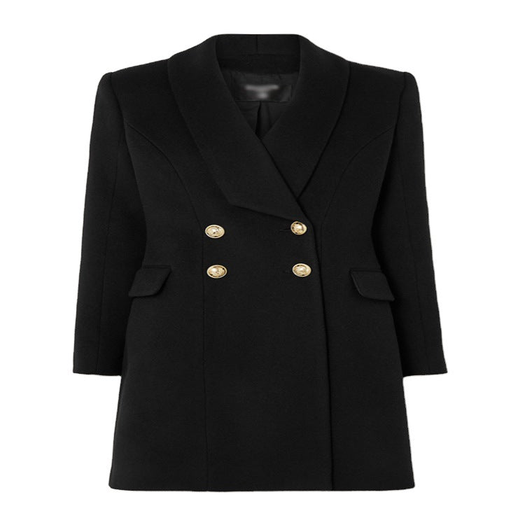 Damen Midilanger taillierter Wollmantel im Korsett‑Tailoring mit Schalkragen und goldverzierten Zierknöpfen Echoarchiv