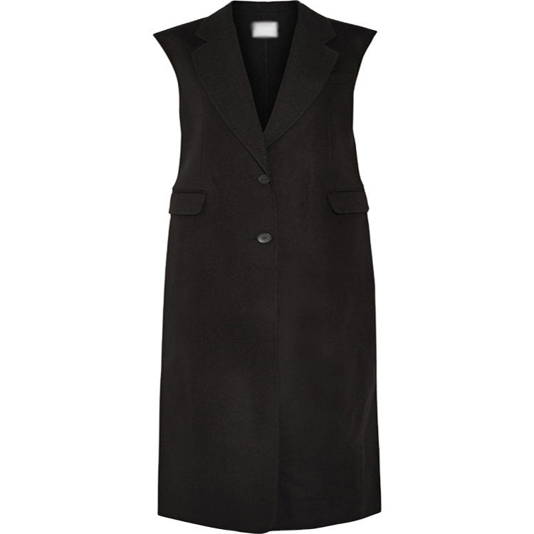 Damen Maxilange Ärmellose Tailoring-Weste aus Wollmix mit Pattentaschen Echoarchiv