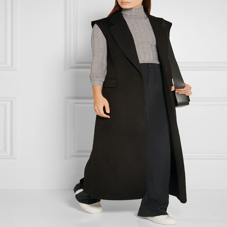 Damen Maxilange Ärmellose Tailoring-Weste aus Wollmix mit Pattentaschen Echoarchiv