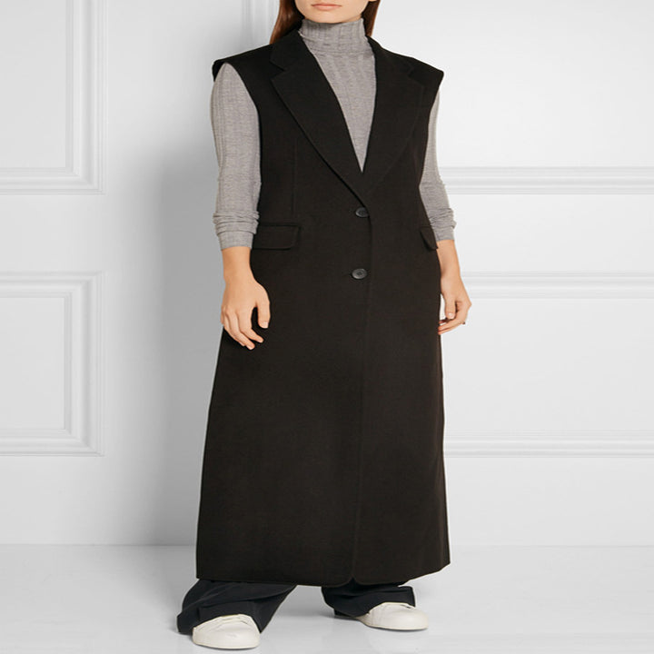 Damen Maxilange Ärmellose Tailoring-Weste aus Wollmix mit Pattentaschen Echoarchiv