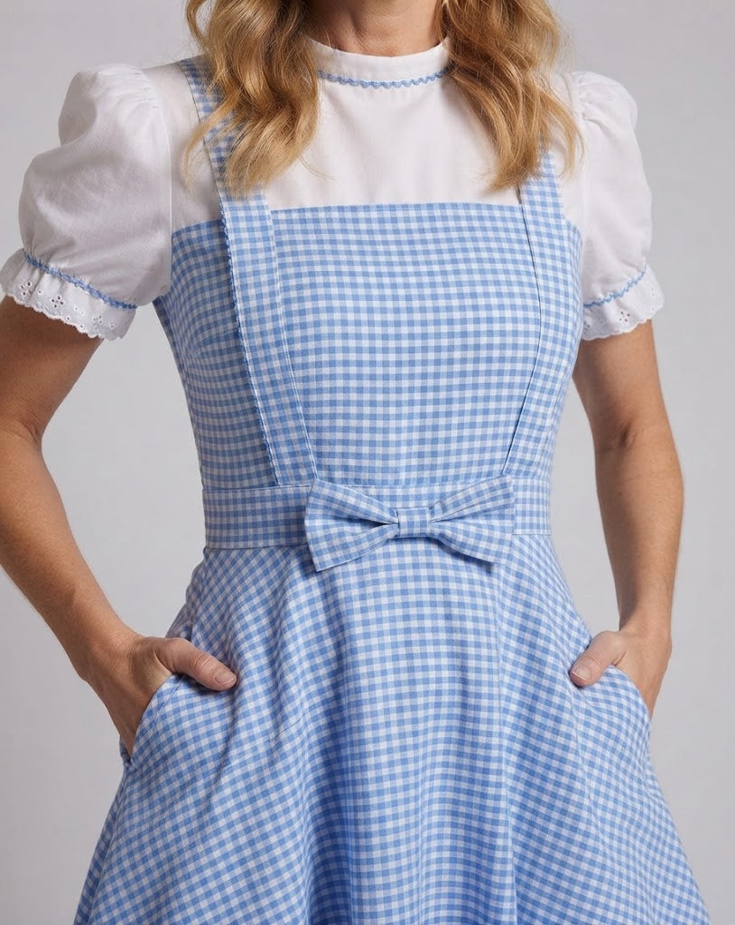 Damen nostalgisches kariertes Kleid mit Rüschendetails und passenden Accessoires Echo Archiv
