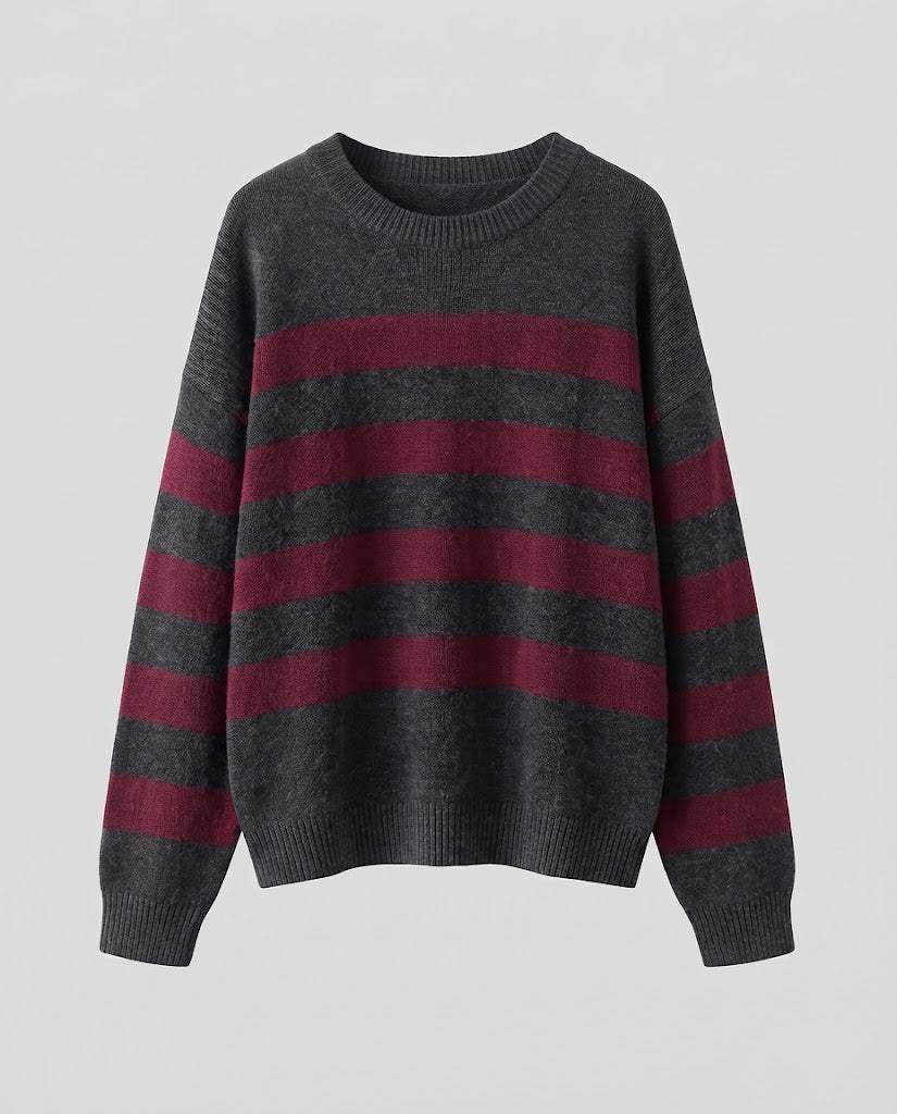 Damen Gestreifter Feinstrickpullover mit Rundhals, überschnittener Schulter und lockerer Silhouette Echoarchiv