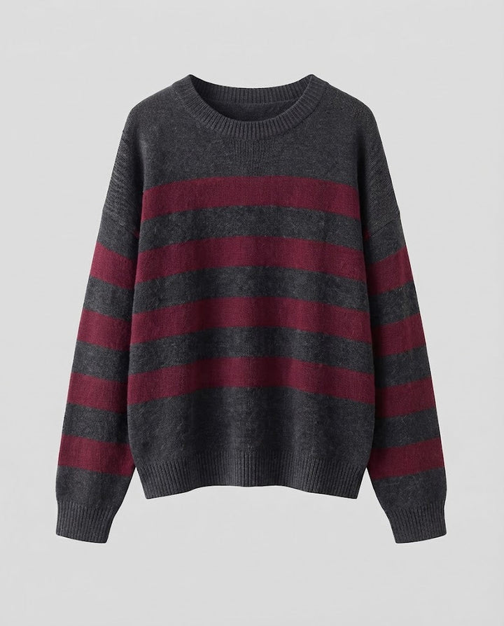 Damen Gestreifter Feinstrickpullover mit Rundhals, überschnittener Schulter und lockerer Silhouette Echoarchiv