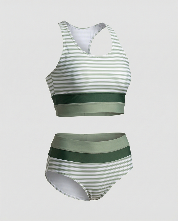 Gestreiftes Reißverschluss-Rücken Schick Bikini Set – Maréssa