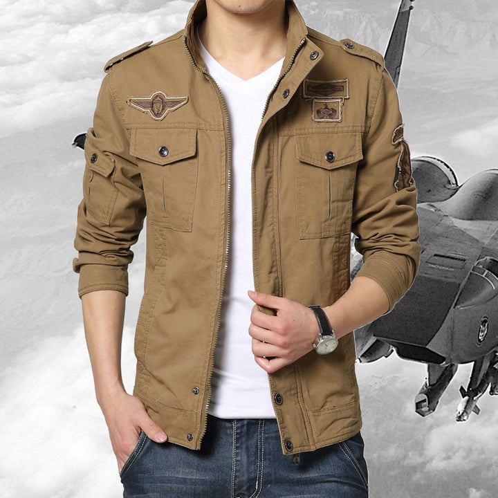 Herren Militärinspirierte Canvas-Fieldjacke mit Mehrfach-Taschen und Stehkragen Echoarchiv