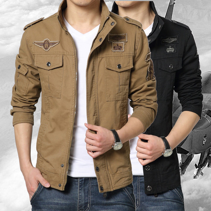 Herren Militärinspirierte Canvas-Fieldjacke mit Mehrfach-Taschen und Stehkragen Echoarchiv