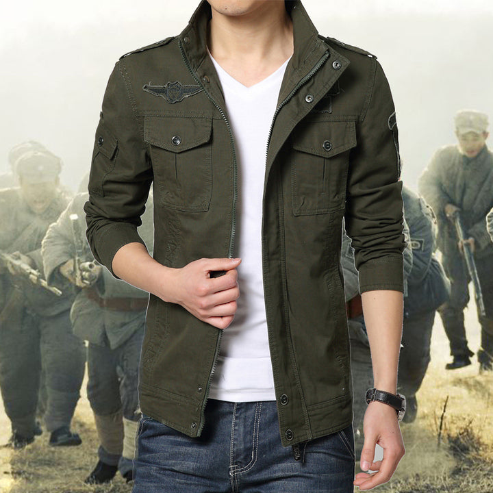 Herren Militärinspirierte Canvas-Fieldjacke mit Mehrfach-Taschen und Stehkragen Echoarchiv