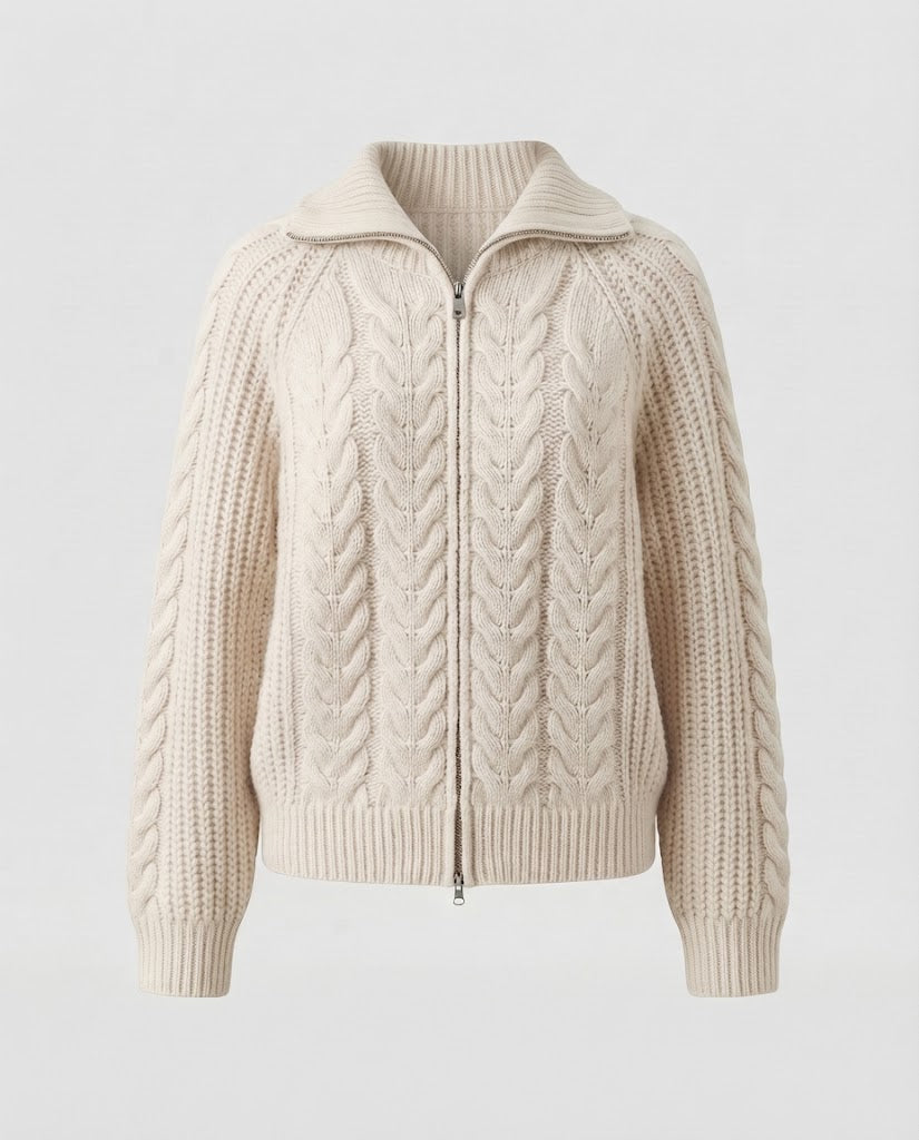 Damen Boxy-Zopfstrickjacke mit kurzem Schnitt, Frontreißverschluss und breitem Stehkragen Echoarchiv