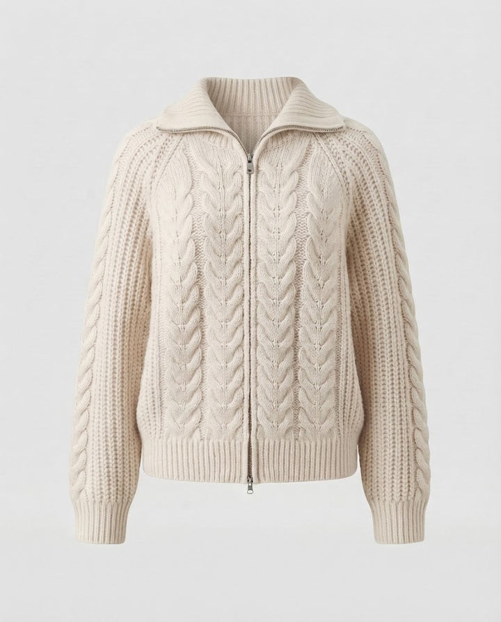 Damen Boxy-Zopfstrickjacke mit kurzem Schnitt, Frontreißverschluss und breitem Stehkragen Echoarchiv