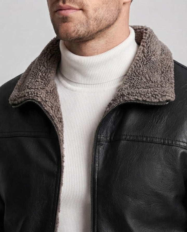 Herrenjacke aus synthetischem Leder mit durchgehendem Teddy-Fleece-Futter und hohem Stehkragen Echo Archiv