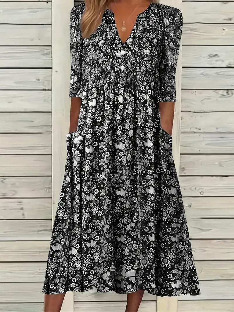 Echoarchiv | Midikleid A-Linie Passform V-Ausschnitt 3/4 Ärmel Blumenmuster