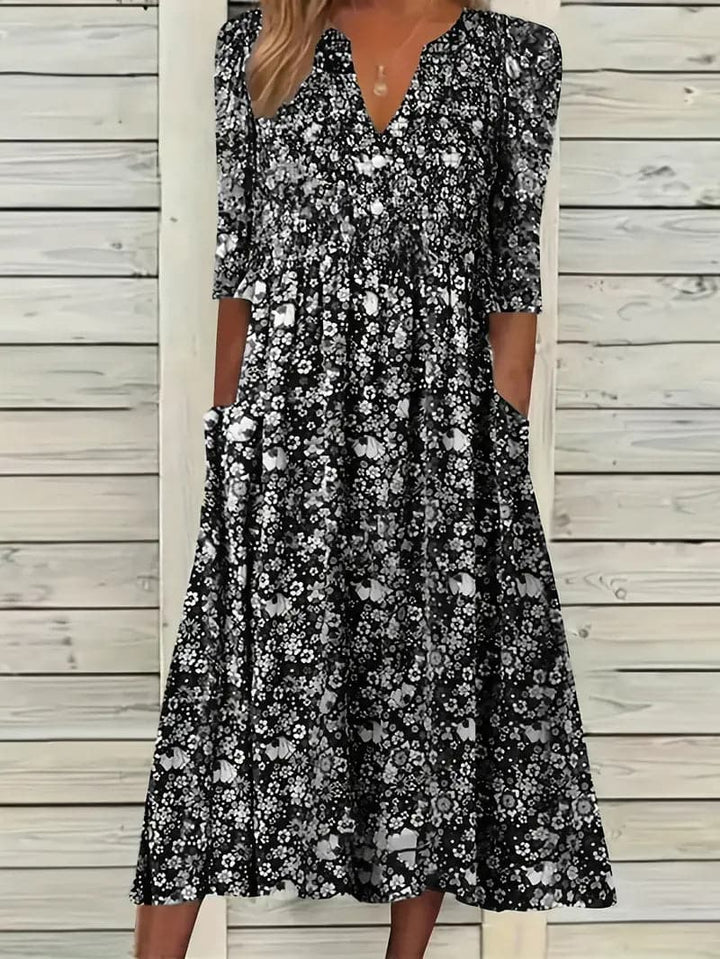 Echoarchiv | Midikleid A-Linie Passform V-Ausschnitt 3/4 Ärmel Blumenmuster