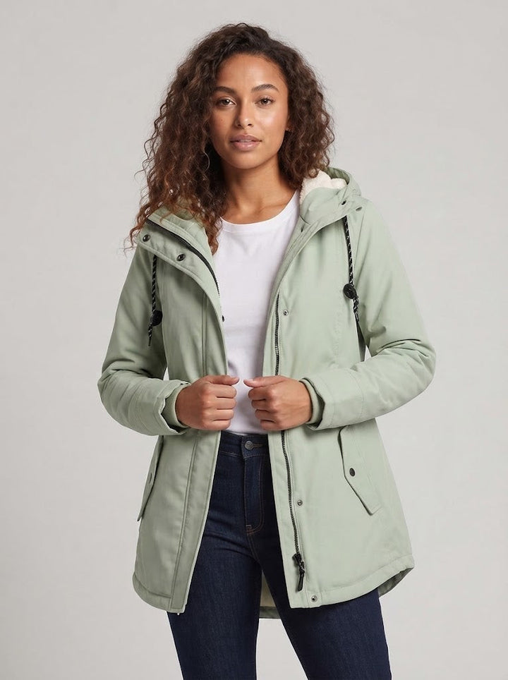 Damen Gefütterte Kapuzenparka mit Teddyfutter, Kordelzug und Pattentaschen Echoarchiv