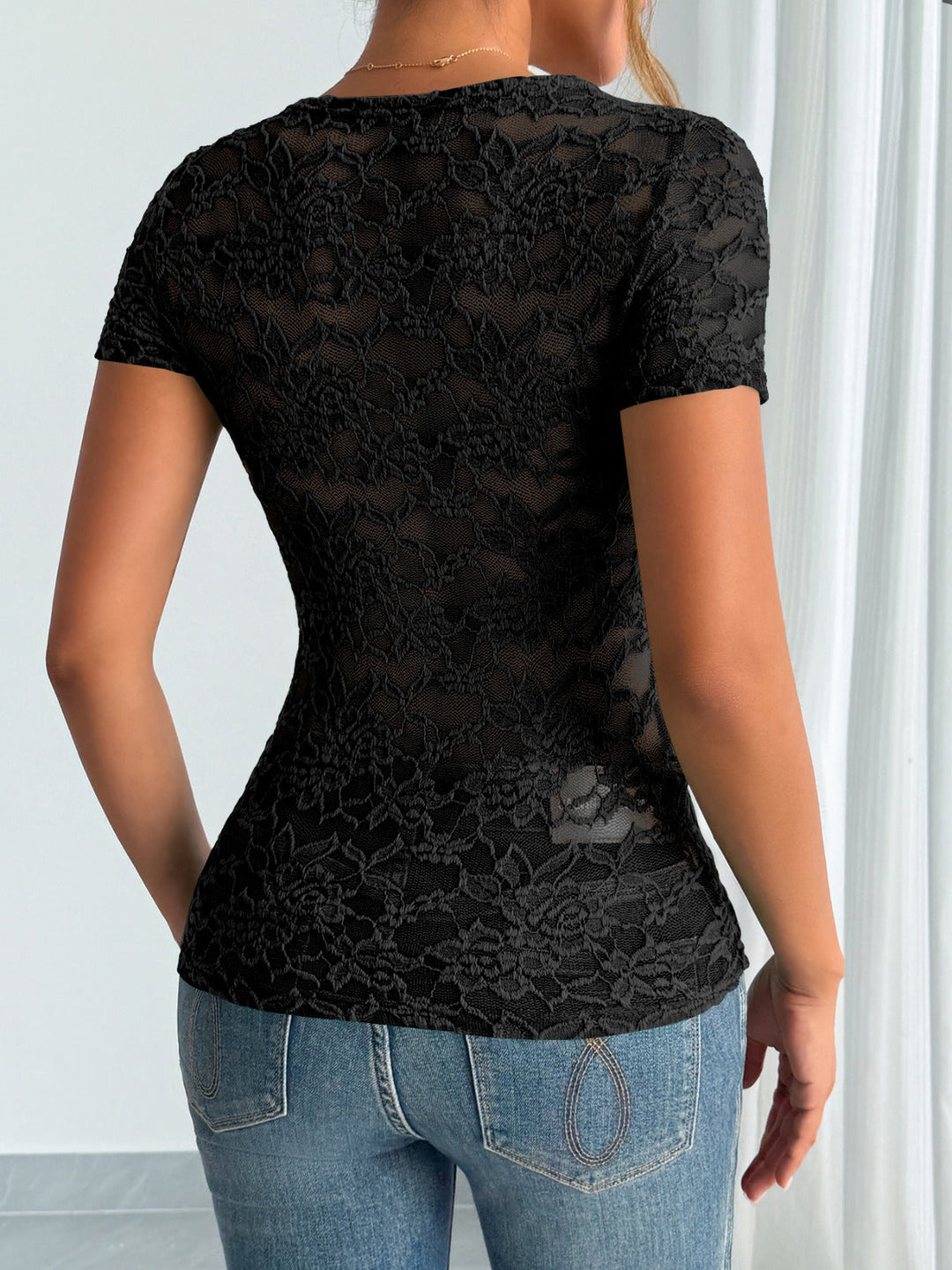 Damen Einfarbig Sexy Spitze V-Ausschnitt Kurzarm – Avérine