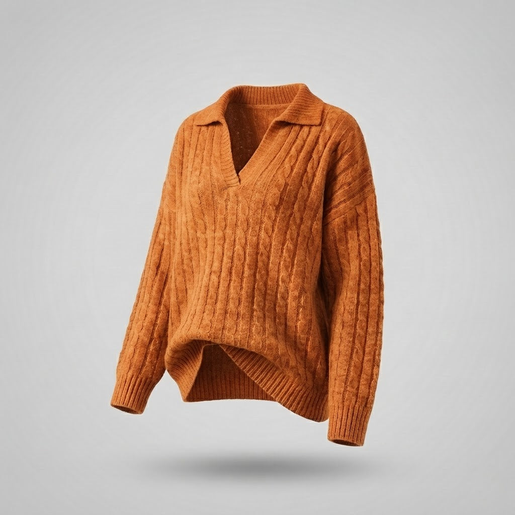 Damen Oversize Rippstrick-Pullover mit V-Ausschnitt und Hemdkragen Echo Archiv