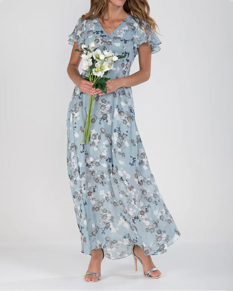 Echoarchiv | Florales Maxikleid Damen Chiffonstoff Luftiges Sommerkleid Maxikleid mit Fließendem Rock