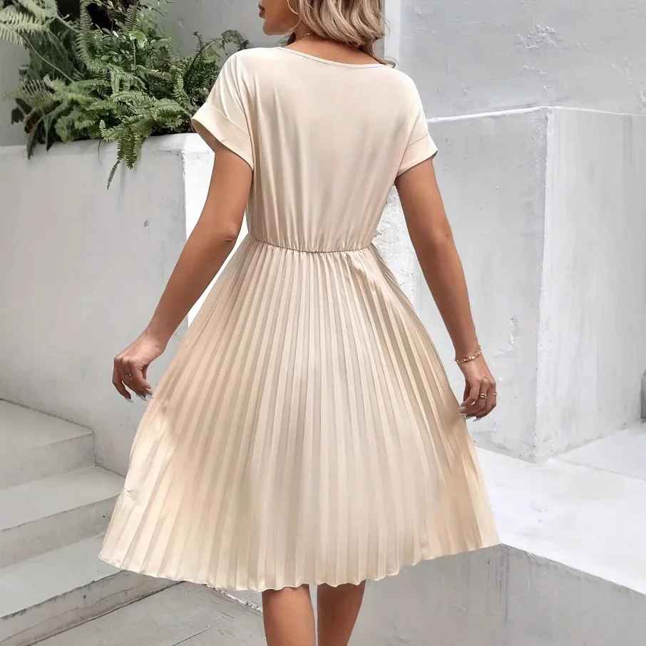 Echoarchiv | Einfarbig Plissierter Kurzarmkleid