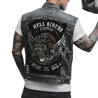 Echoarchiv Herren Motorrad-Denimweste mit Motorrad- und Skelettdruck