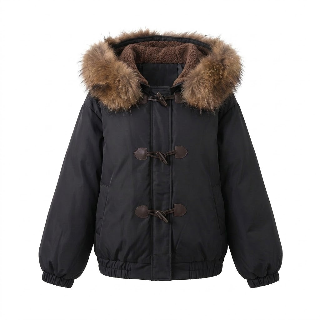 Damen Nano Short Thermo Bomber mit abnehmbarem Kunstfellkragen und Teddy-Hood-Futter
