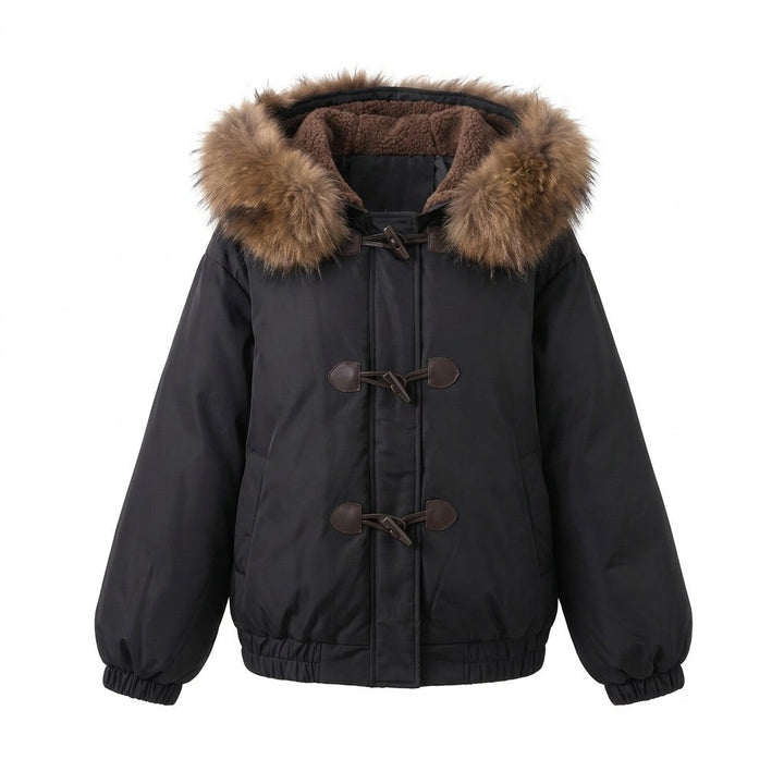Damen Nano Short Thermo Bomber mit abnehmbarem Kunstfellkragen und Teddy-Hood-Futter