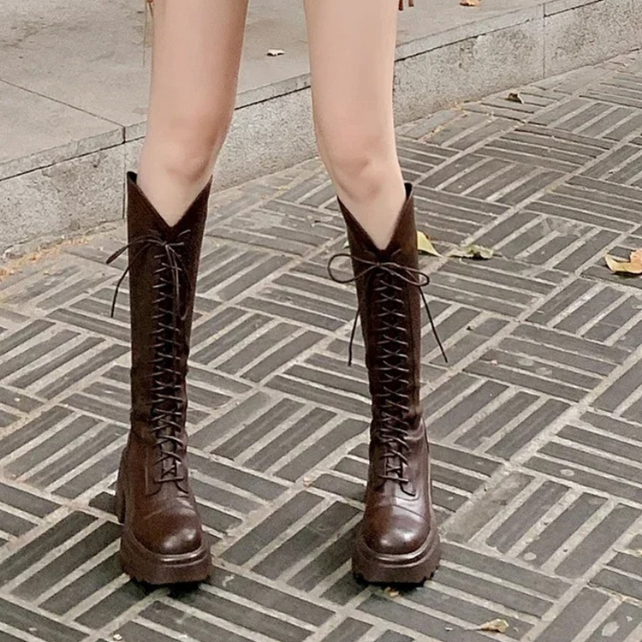 Echoarchiv | Hohe Stiefel Damenstiefel mit Schnürung und Robuster Ferse