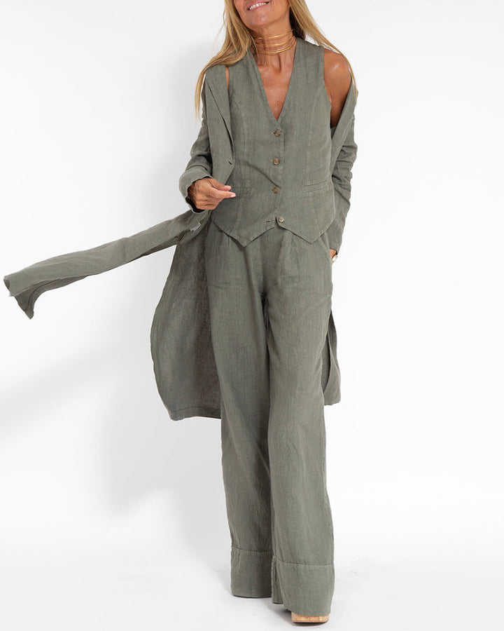 Echoarchiv | Elegantes 2-Teiliges Set Leinen Weite Hose & Weste