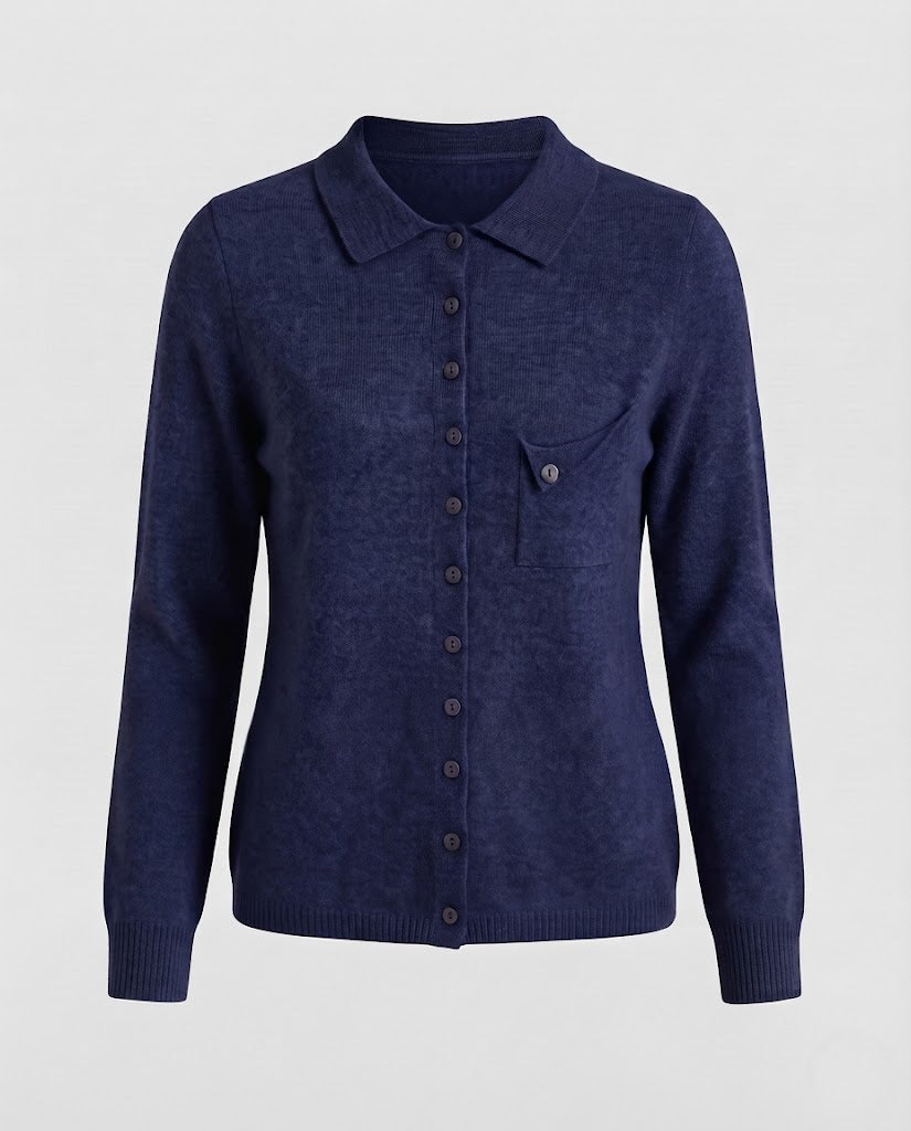 Damen Feinstrick-Cardigan mit Polokragen, 3/4-Arm und dezenter Brusttasche Echoarchiv