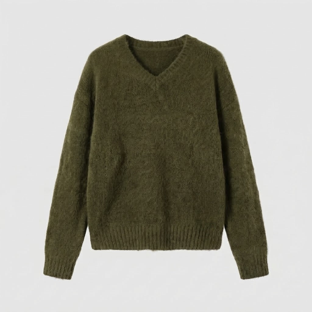 Damen Kuscheliger V‑Ausschnitt Mohair‑Blend Oversize‑Pullover mit gerippten Bündchen Echo Archiv