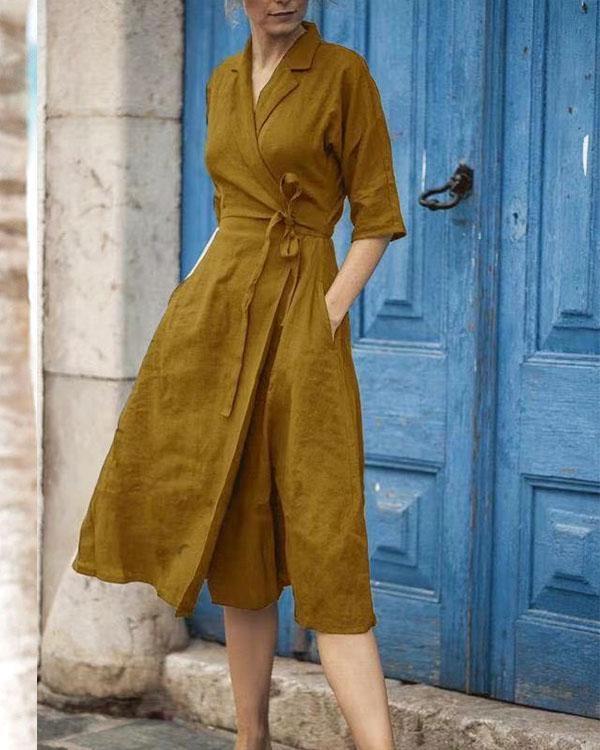 Echoarchiv | Baumwoll-Leinen Gürtelkragen Kleid